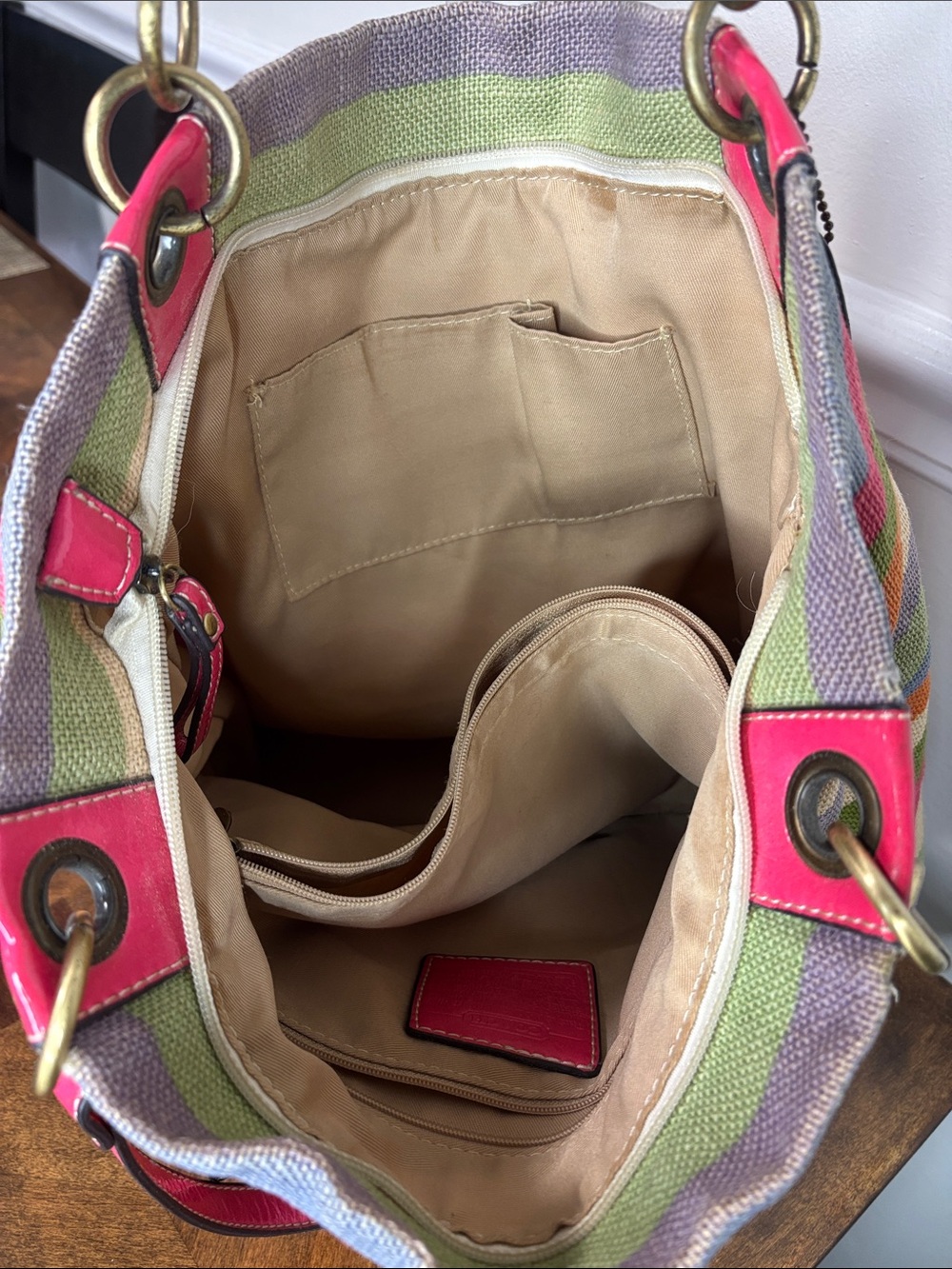 Coach HTF Legacy Striped Multicolor Woven Tote Bag with Pink Patent Leather Trim - Picture 9 of 16